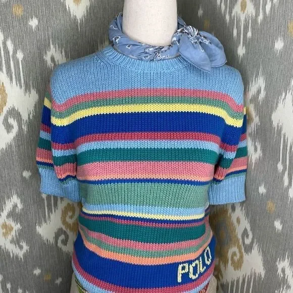 Polo Ralph Lauren Sky Blue Sun Bleached Multi Stripe Short Sleeve Sweater - Picture 3 of 16